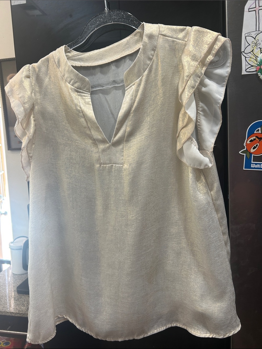 Women's Shimmery Cream Ruffle Sleeve V-Neck Blouse